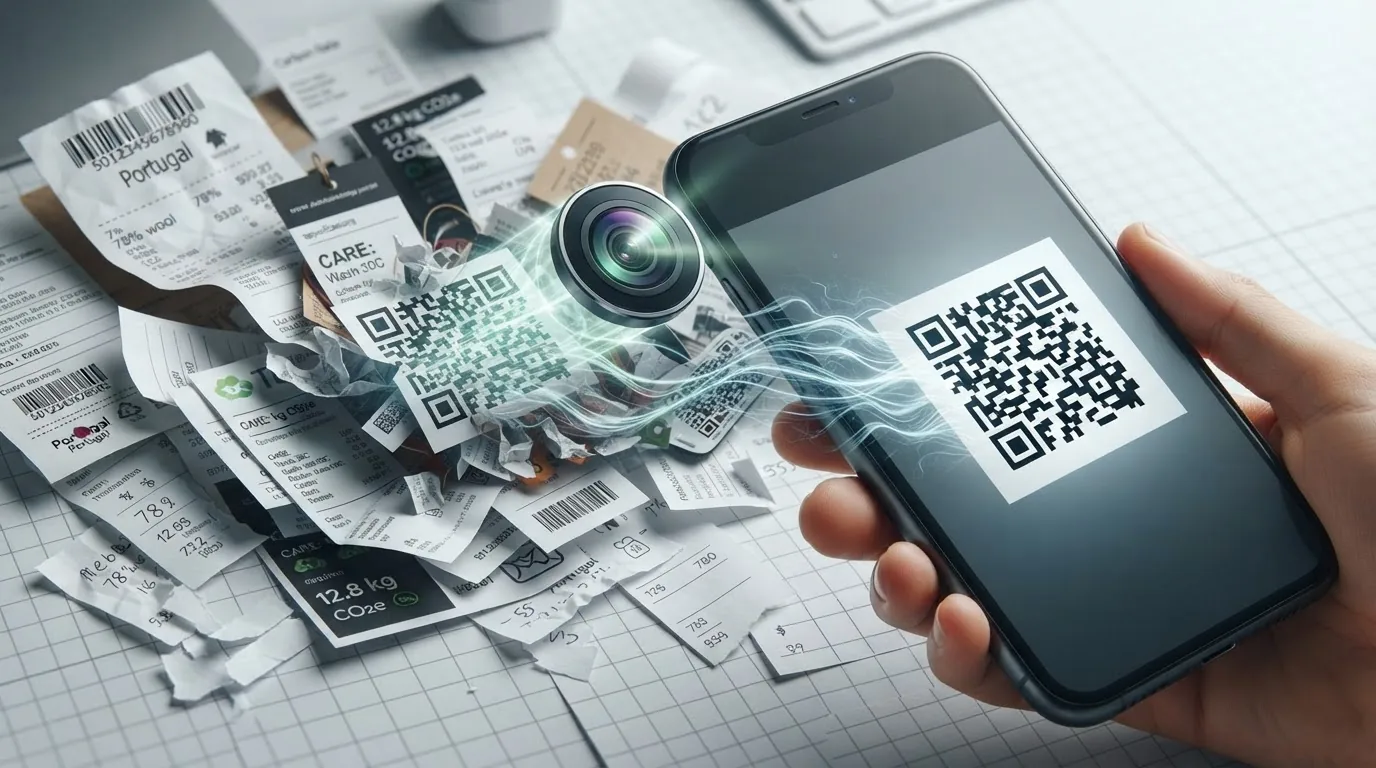 Scatter of woven care and barcode labels with a hand holding a phone displaying a large QR.