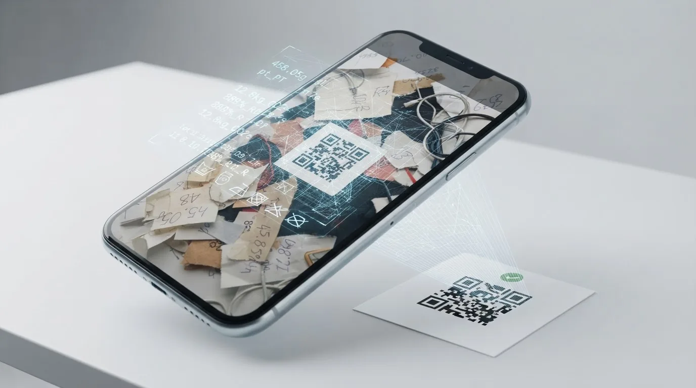 A phone lying flat showing a pile of labels on its screen beside a printed QR card.