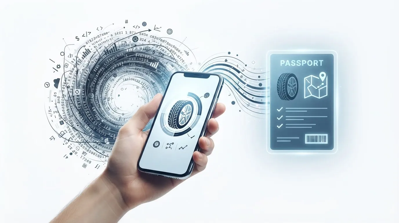A hand holds a phone showing a tyre beside a floating passport card with a tyre, a map and a barcode.