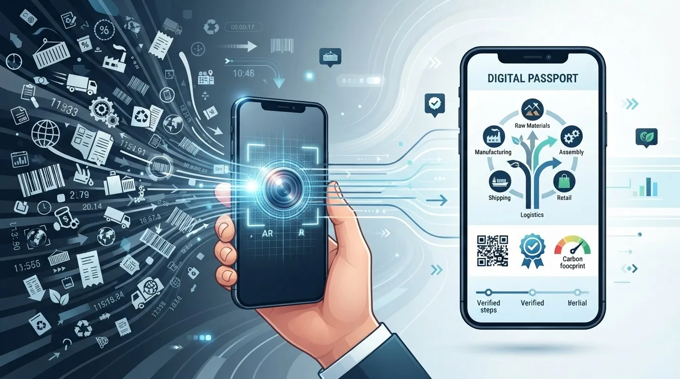 A cloud of supply chain icons resolving through a hand-held phone into a passport panel with a branching chain and verified marks