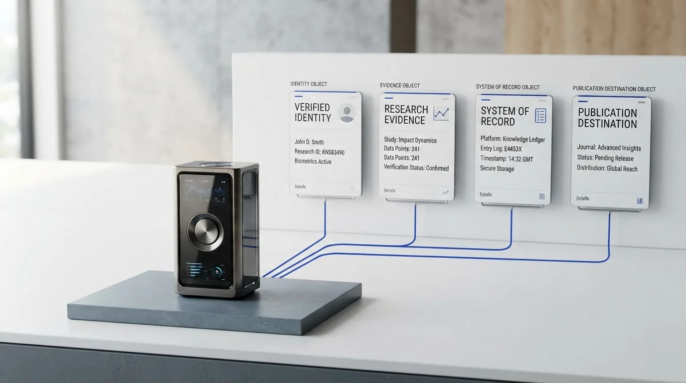 A coffee grinder on a plinth linked to four panels headed verified identity, research evidence, system of record and publication destination.