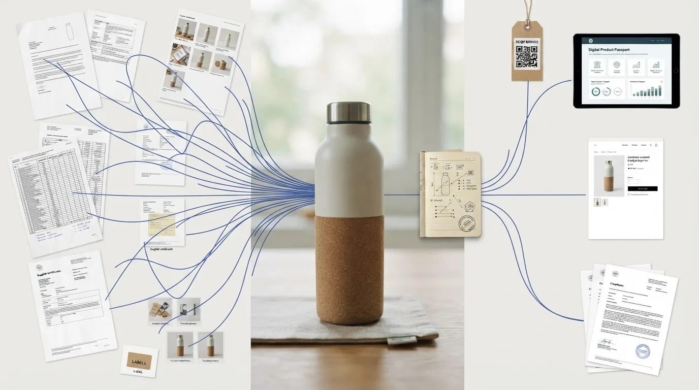 A cork and steel water bottle at the centre of a fan of document cards and interface panels joined by thin connector lines