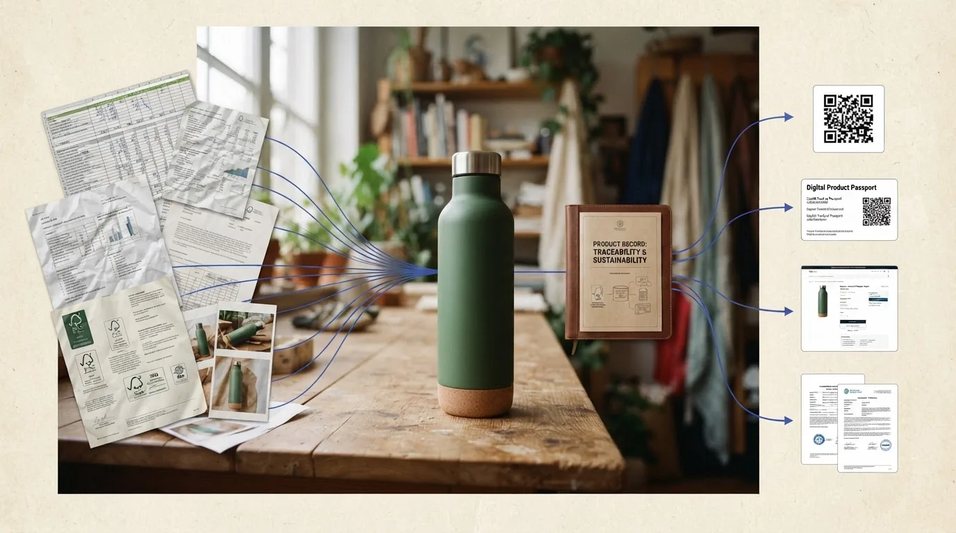A green water bottle on a warm wooden table with fanned documents on one side and interface cards on the other.