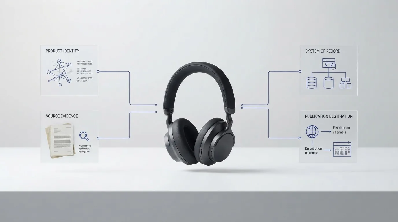 Headphones at the centre of four labelled boxes for product identity, source evidence, system of record and publication destination.