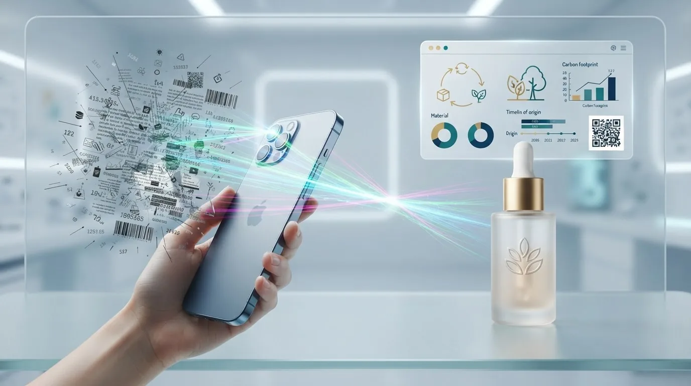 A hand holding a phone with an icon cloud resolving into a panel of donut and bar charts beside a serum bottle