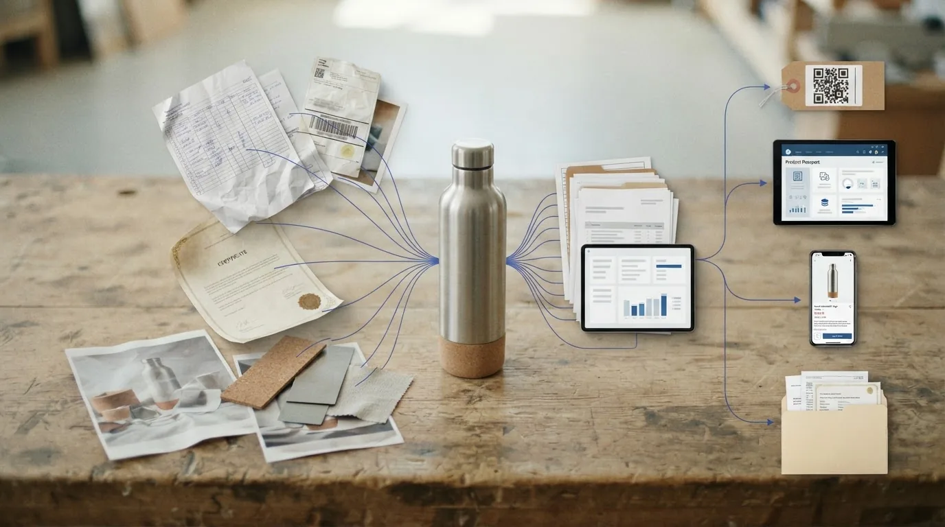 A steel bottle on a workbench with fanned receipts and papers and a tablet and phone showing dashboards.