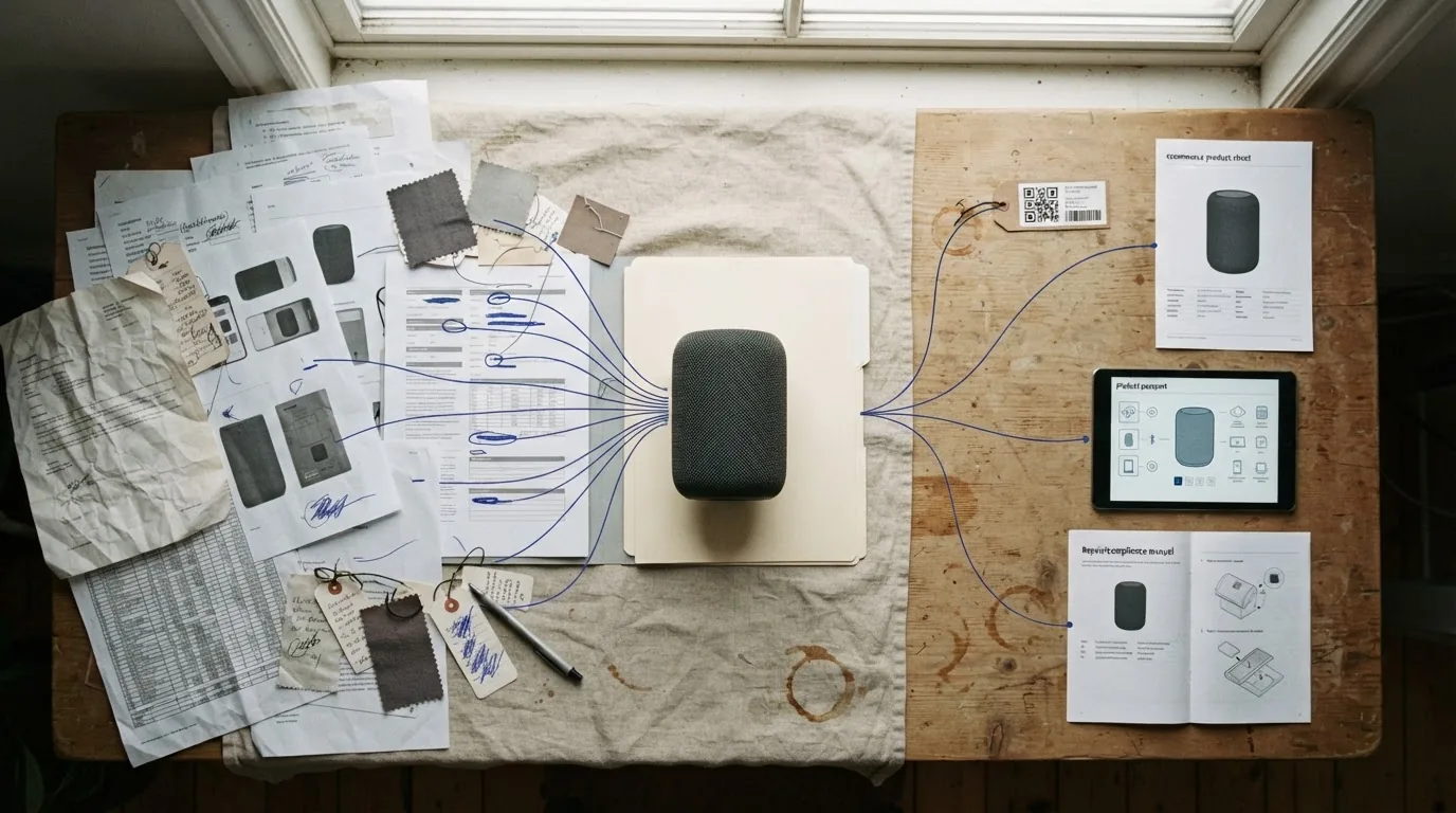 An overhead view of a linen surface with a grey speaker, a notebook, papers, material swatches and interface cards on connector lines