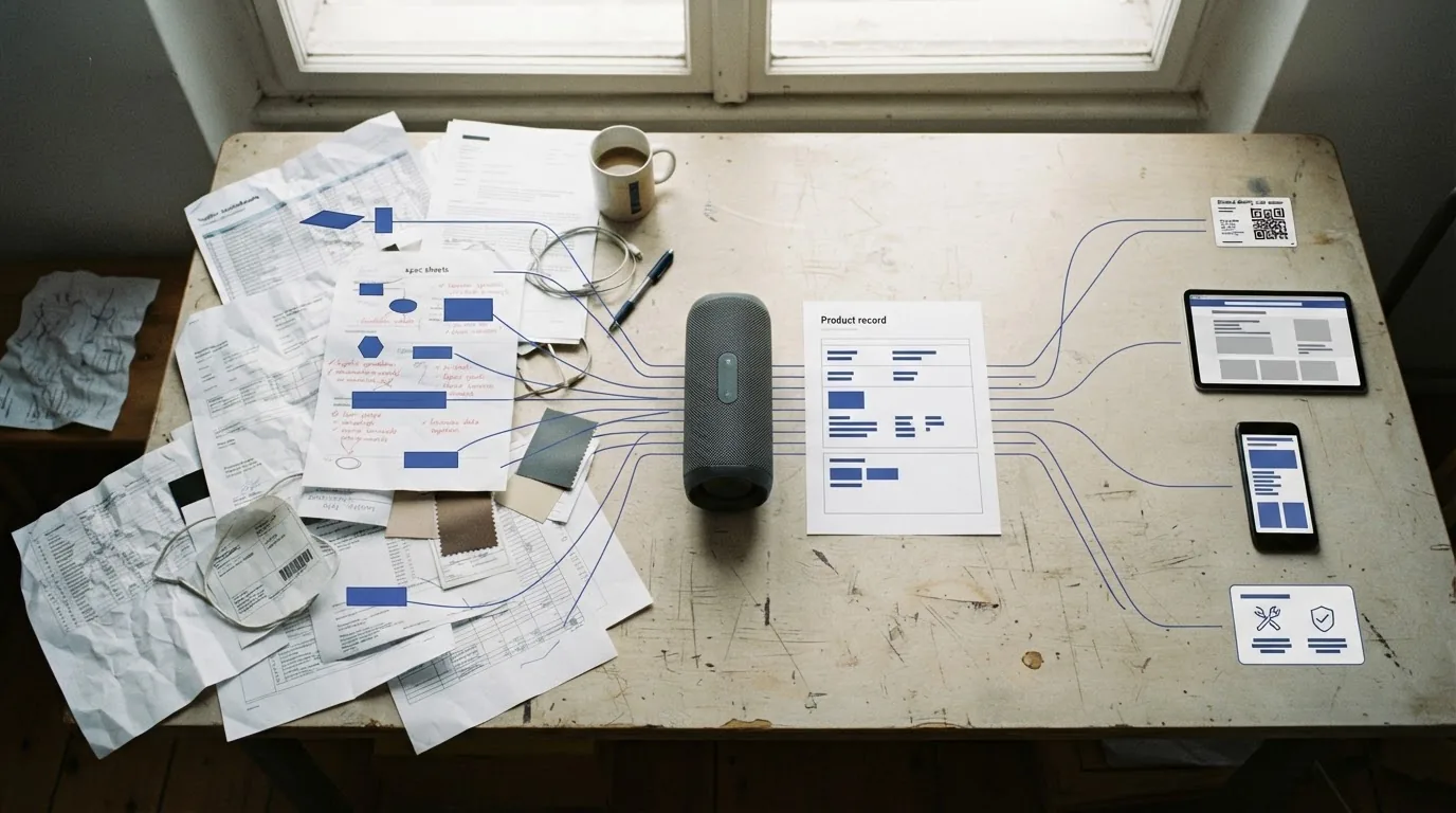An overhead view of scattered papers and swatches around a dark speaker with tablets and interface cards on connector lines.