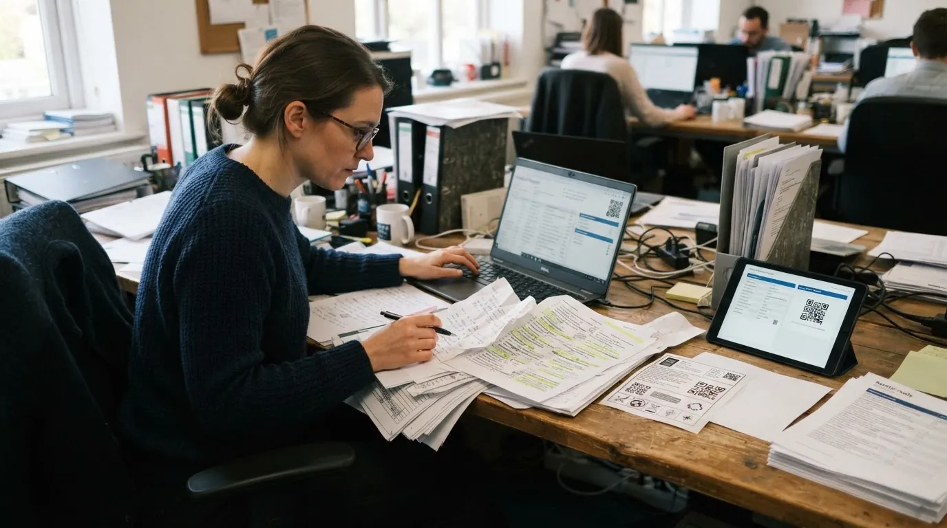 A woman at an office desk works through printed product documents beside a laptop and a tablet showing a QR code.