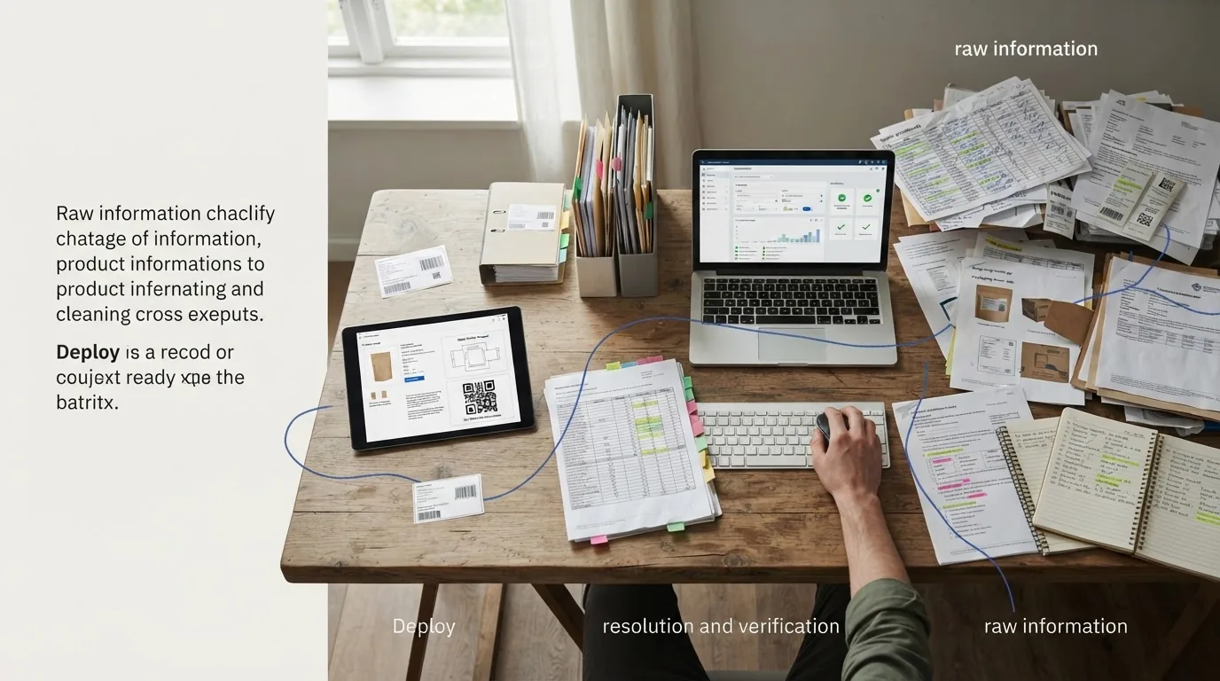 A working desk with a laptop, tablet and stacks of paper annotated with captions about raw information and verification.