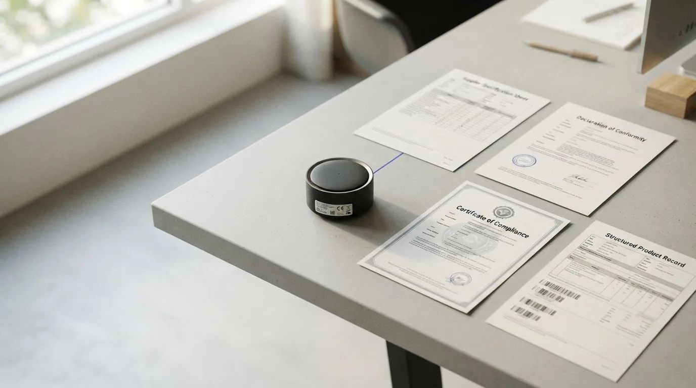 A small round device on a minimal desk beside four printed certificates and declarations laid out flat