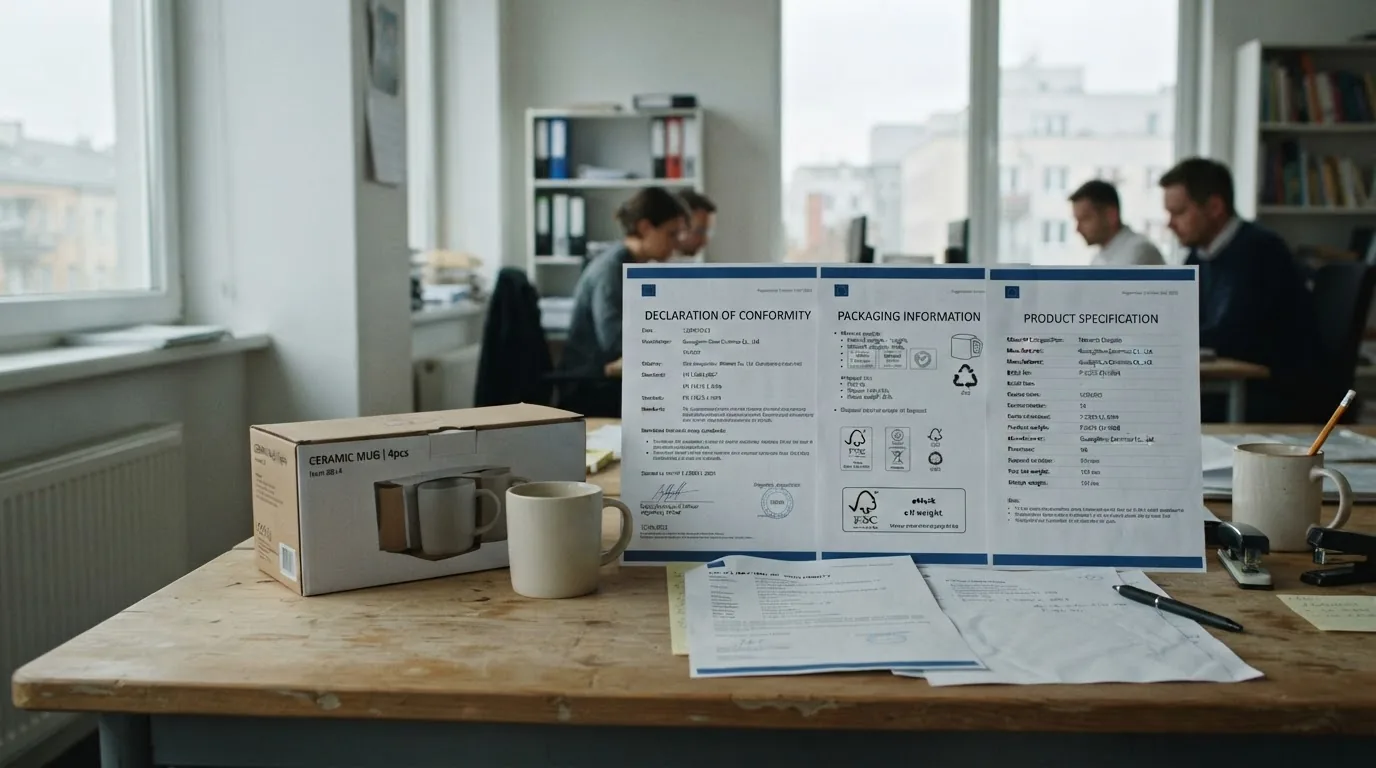 A carton and a mug on a table beside three printed sheets headed declaration of conformity, packaging information and product specification.