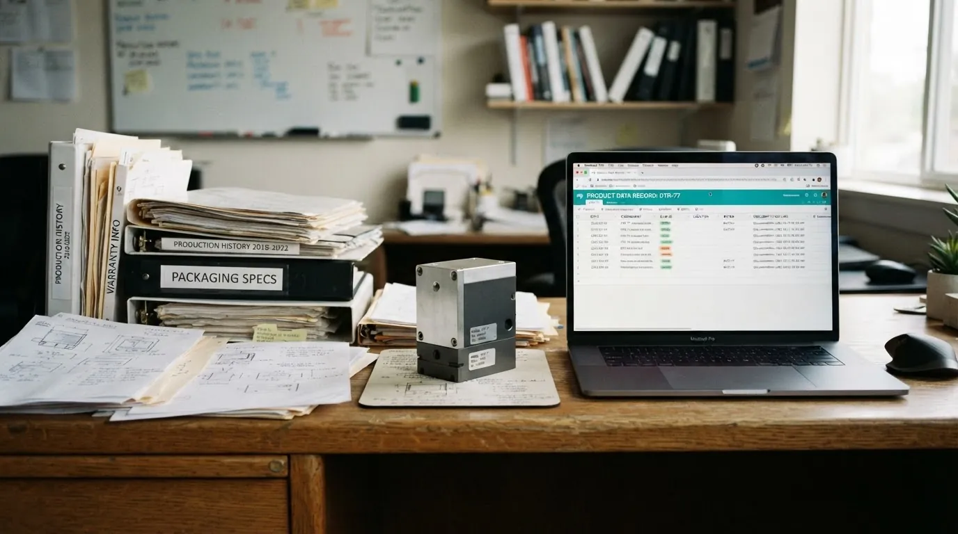 An office desk with binders marked production history and packaging specs, a small device and a laptop showing a product data record.