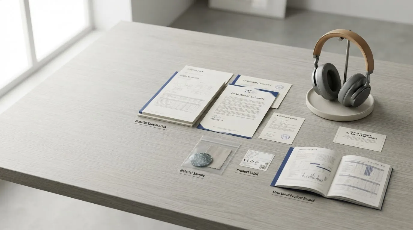Headphones on a stand beside open booklets, printed declarations and a certificate laid out on a table