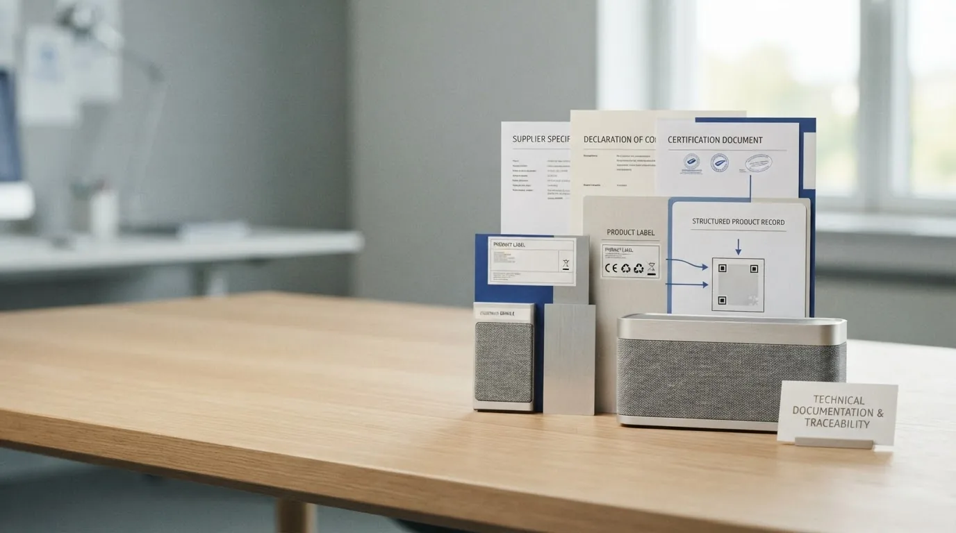 Two grey speakers beside printed cards labelled supplier specs, declaration of conformity, certificate of conformity and product record under a technical documentation heading.