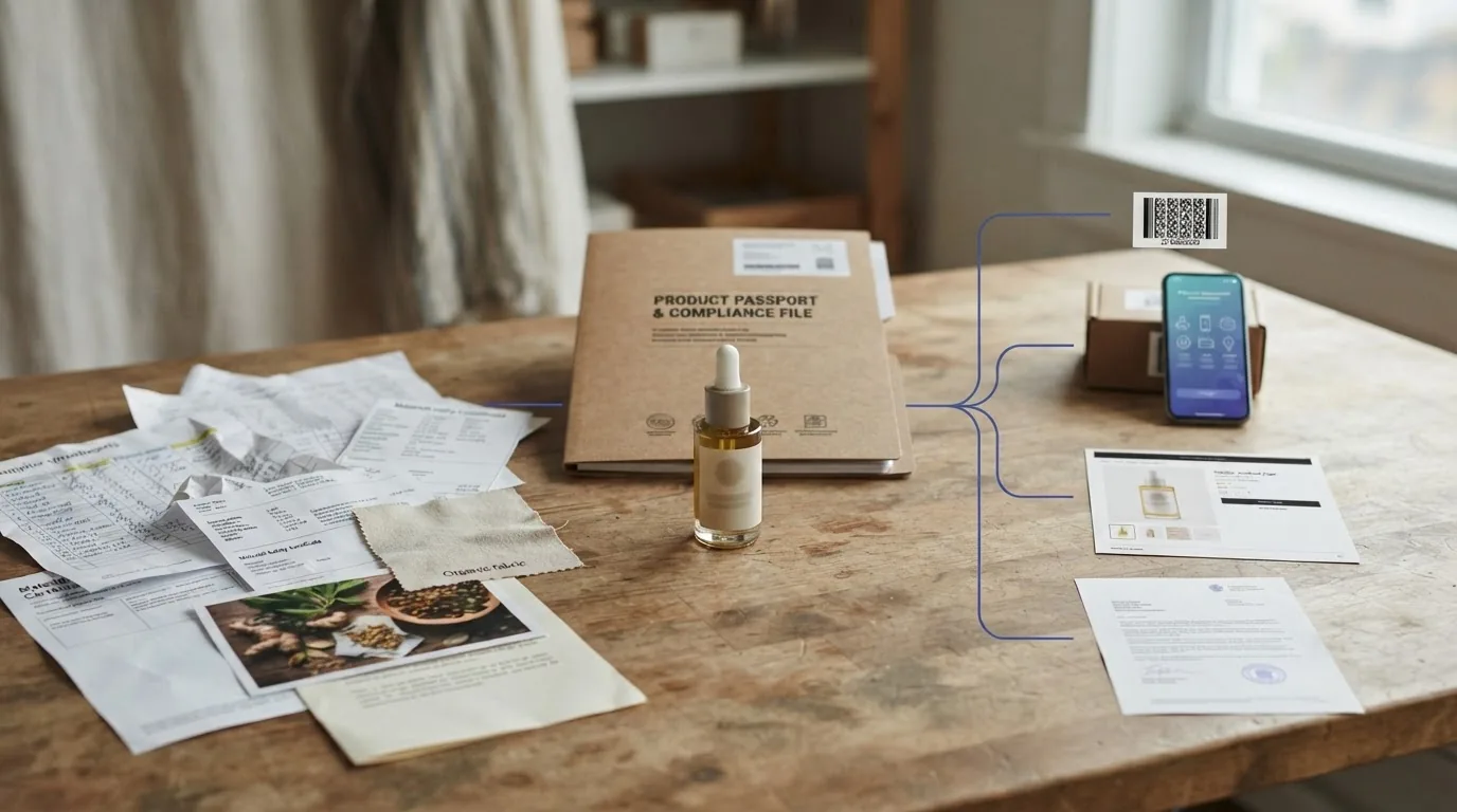 A serum bottle on a workbench with a folder headed product passport and compliance file, papers, a phone and a QR card.