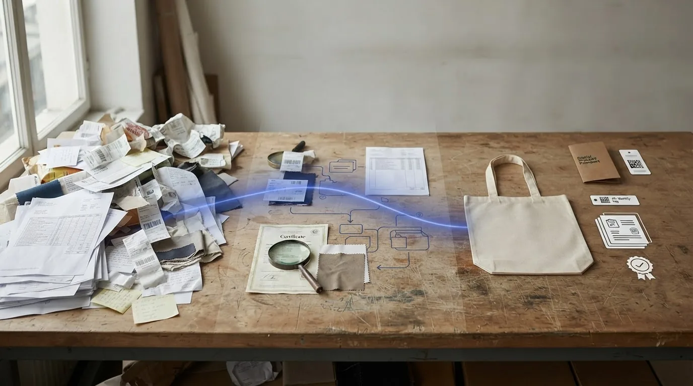 A workbench heaped with crumpled papers and label cards with a magnifier and a canvas tote bag