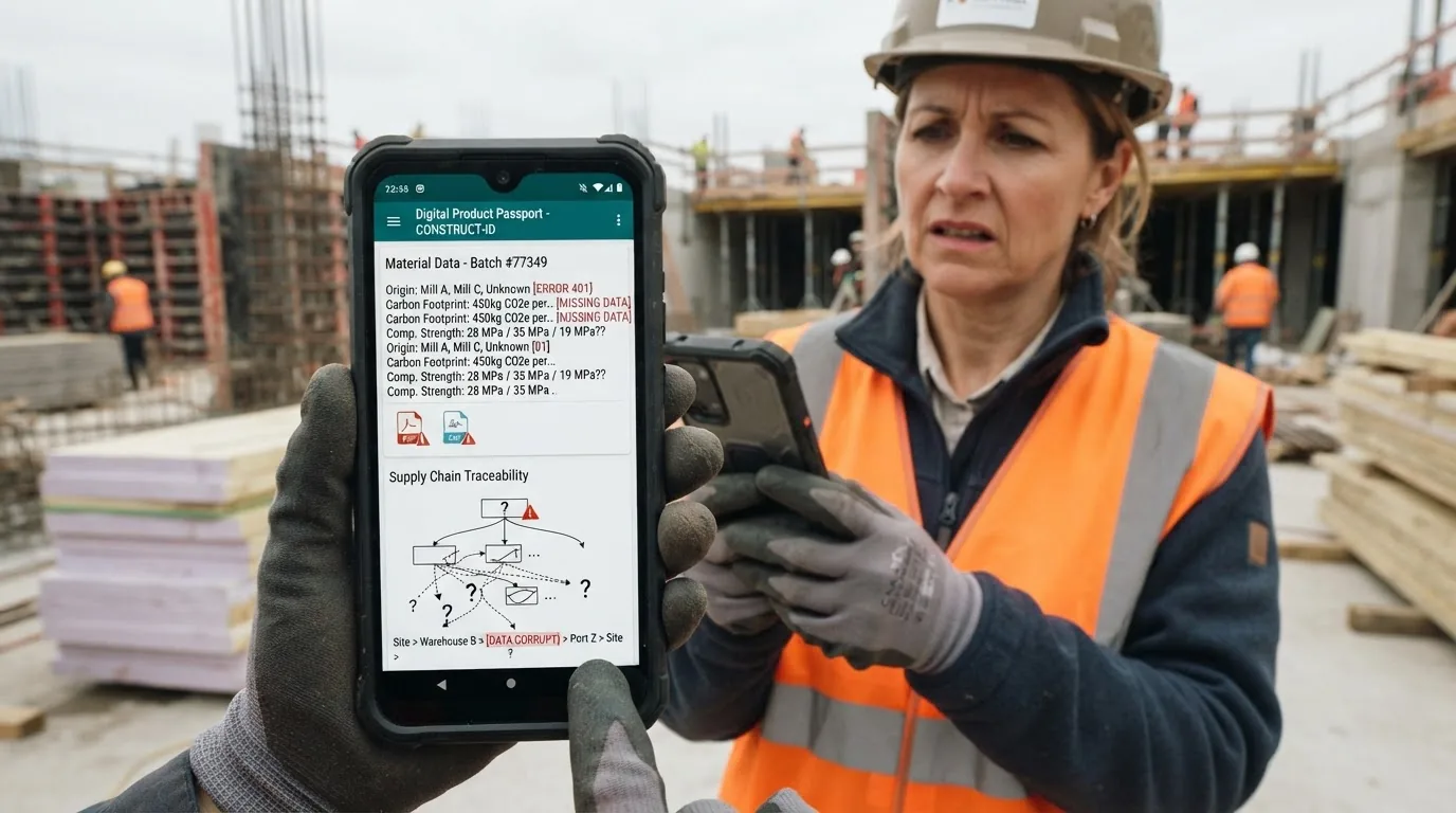 A construction worker in hard hat and hi-vis holding a rugged phone showing material data on a building site.