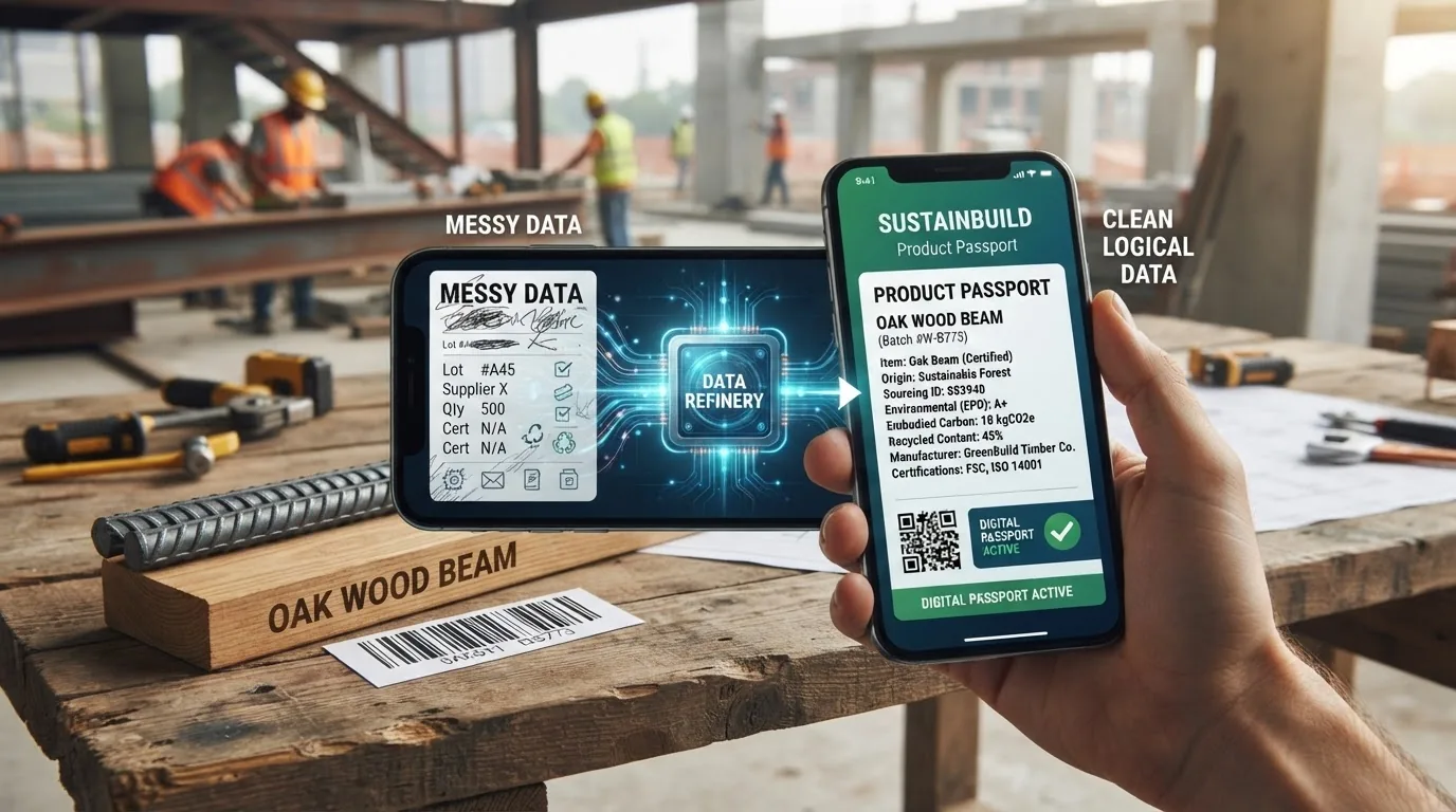 An oak beam with a printed label and hands holding a phone showing a timber product record.