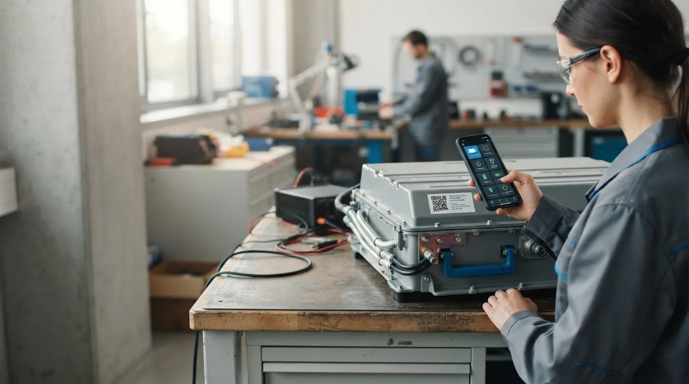 A seated technician at a bench with an electric vehicle battery module and a phone.