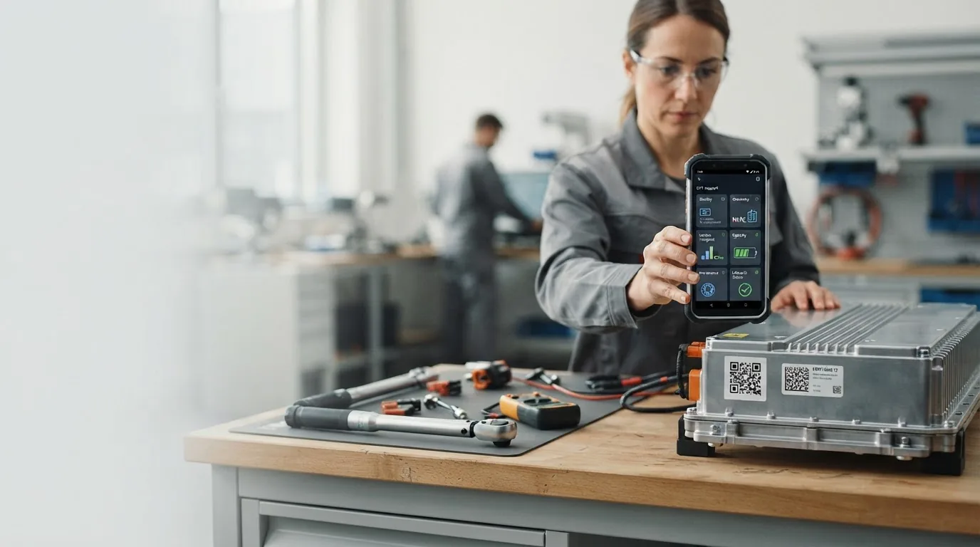 A technician standing at a bench with an electric vehicle battery module, hand tools and a phone