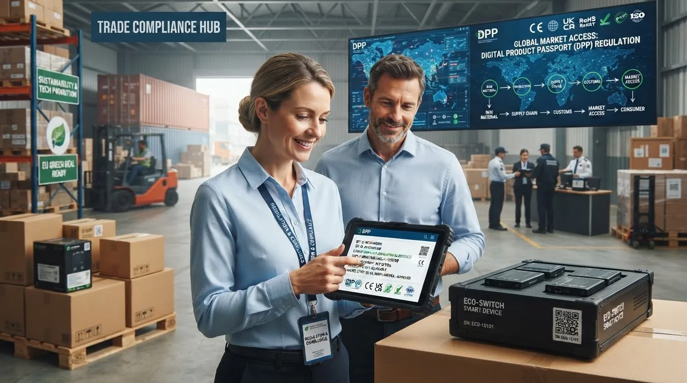 Two people looking at a tablet in a warehouse compliance area with pallets and screens behind.