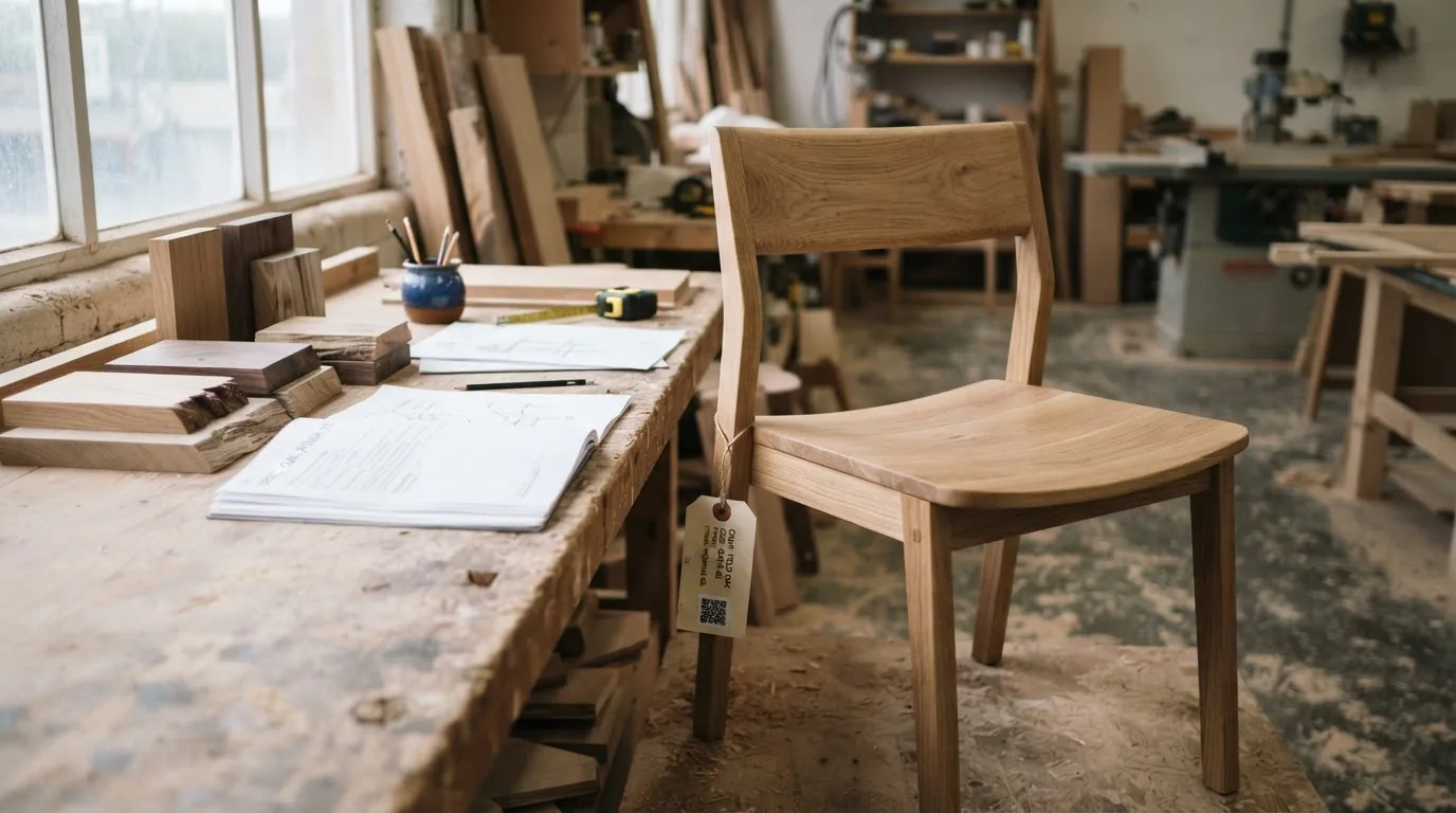 A finished wooden chair on a bench in a joinery workshop with timber and drawings around it.