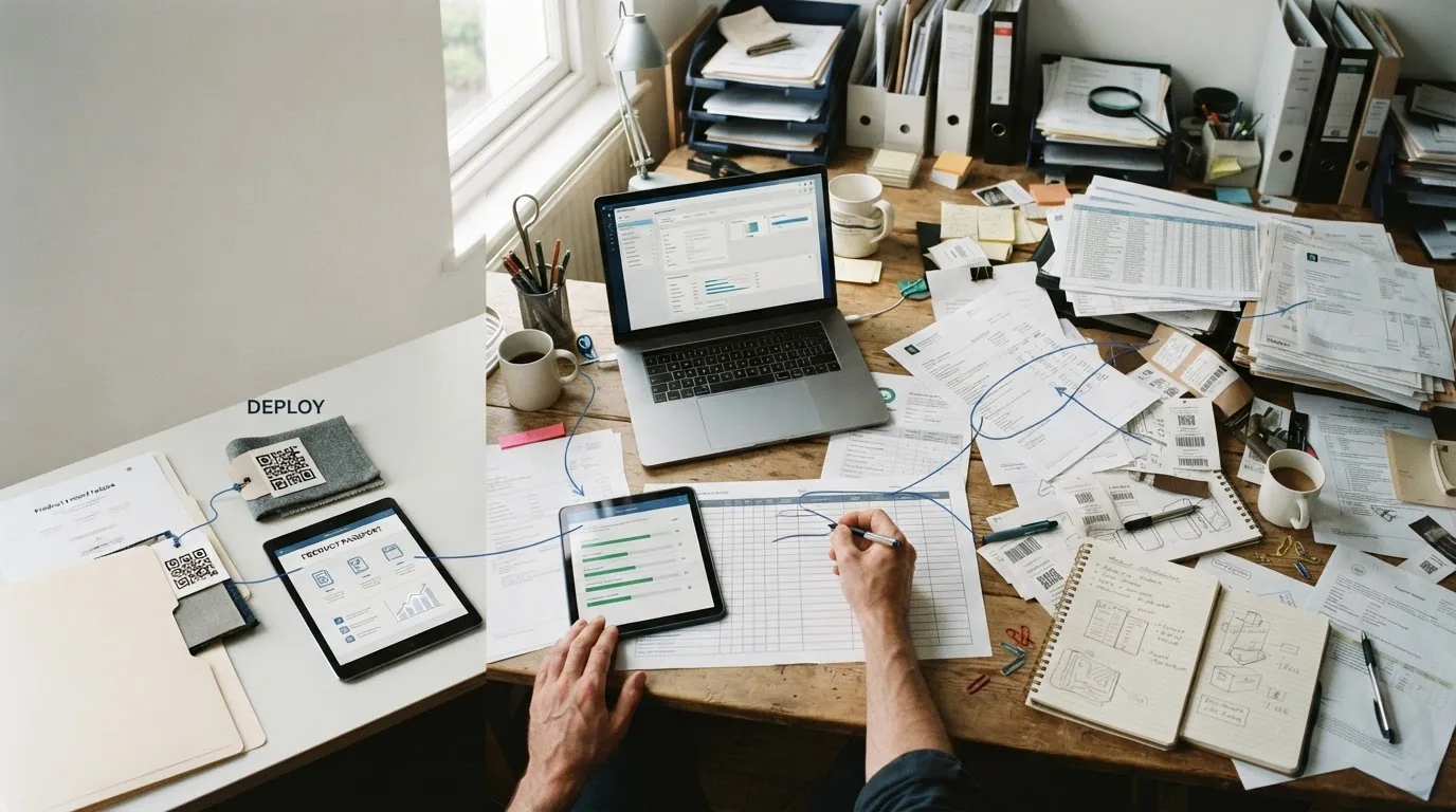 A hand writing among papers at a cluttered desk with a laptop and a tablet.