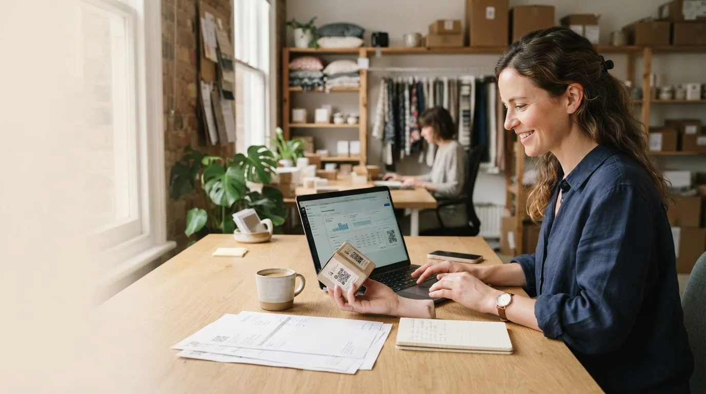 A woman working at a laptop with papers spread beside her in a small workroom, a second person behind.