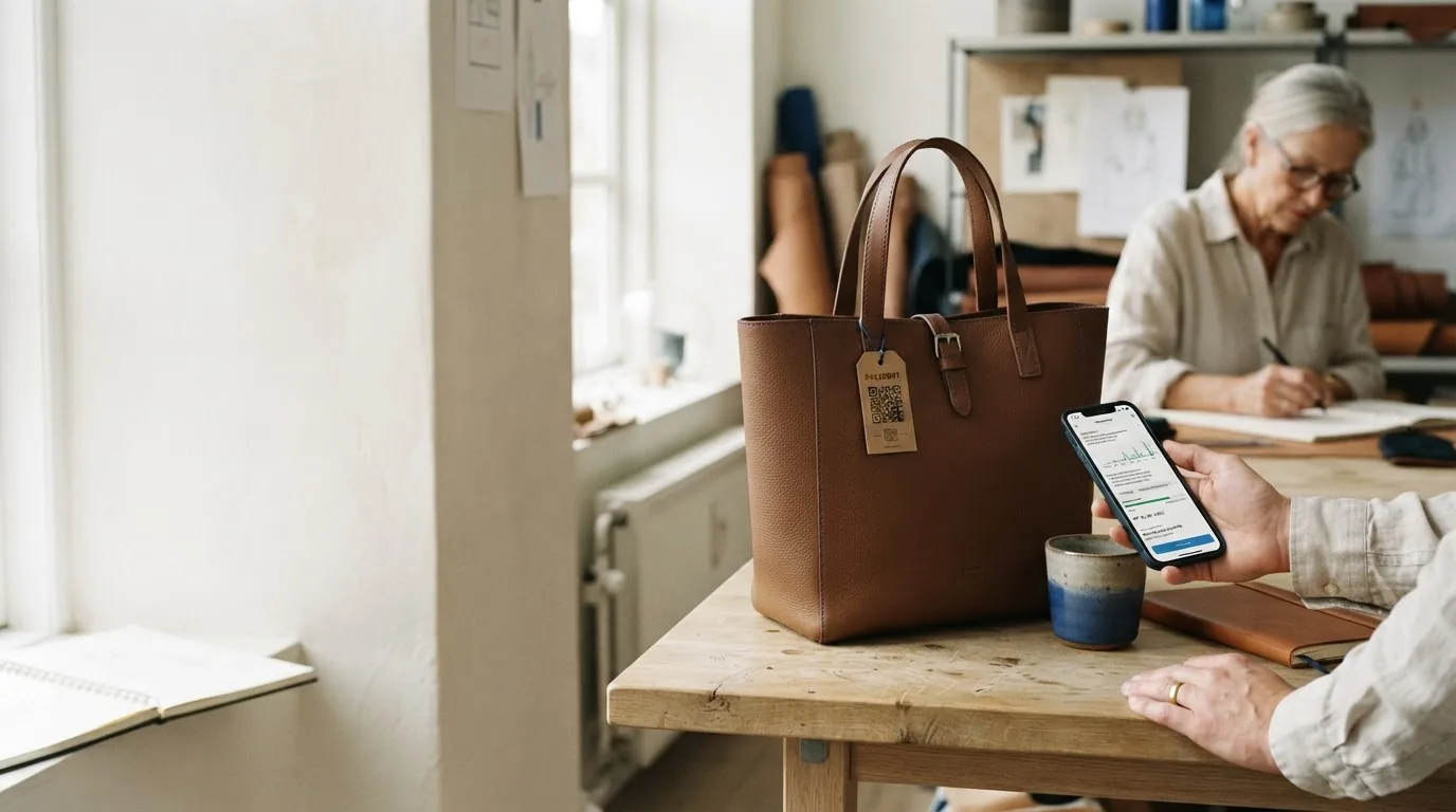 An older woman writing in a notebook beside a leather tote bag with a swing tag, another person's hands at the same table.