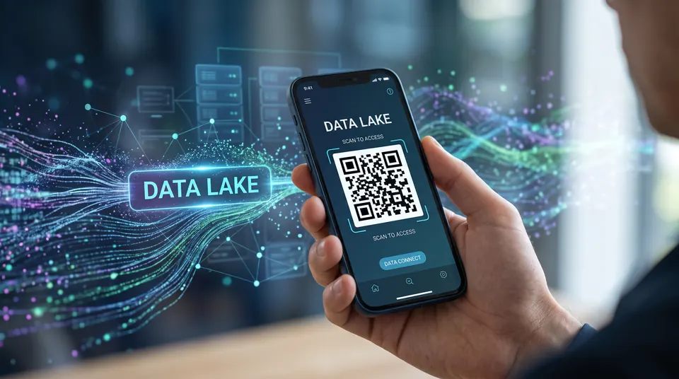 A phone shows a QR code in front of streams of data flowing into a data lake.