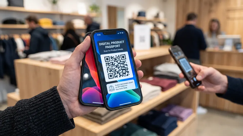 In a clothing shop one phone shows a Digital Product Passport QR code while another scans it.