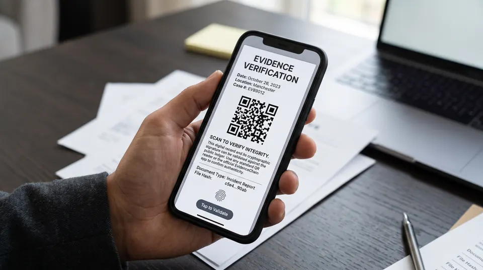 A hand holds a phone showing an evidence verification record with a QR code and a file hash.