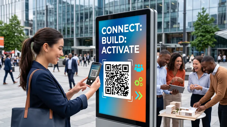 A woman scans the QR code on a street display headed Connect, Build, Activate while colleagues look over a building model.