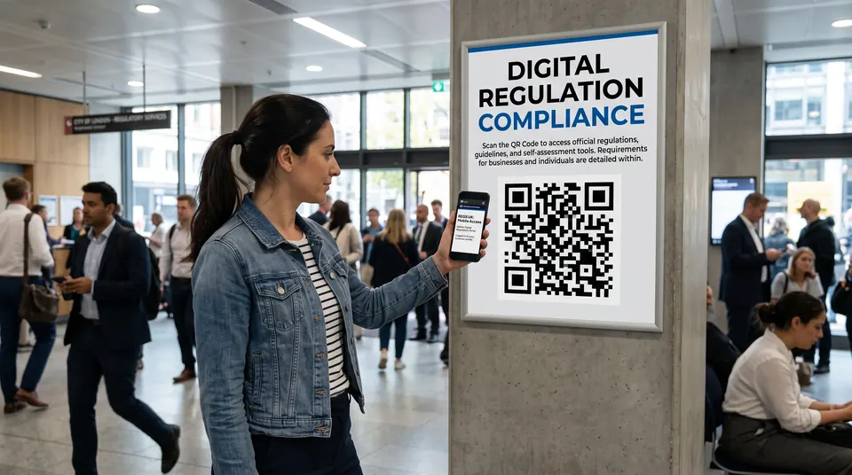 A woman scans the QR code on a regulation compliance poster in a public office.