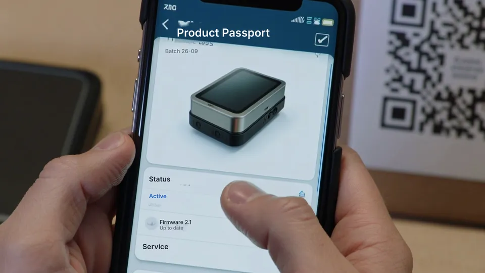 In a small stockroom a man scans the QR code on a desk card and his phone opens the product's passport.