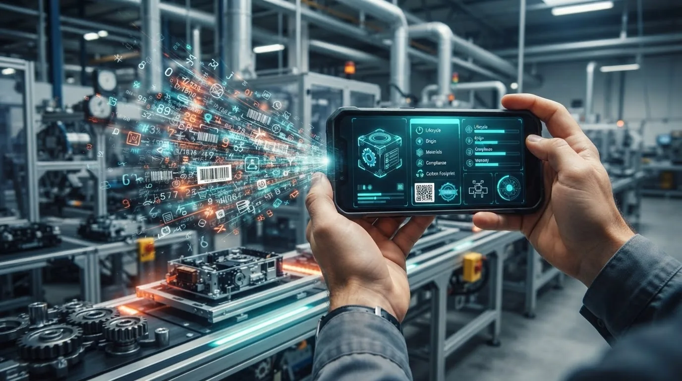 A factory conveyor of gears and components with hands holding a phone rendering a component in teal