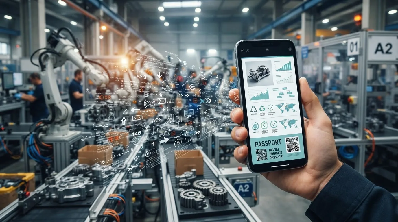 A robotic assembly line with a hand-held phone showing a passport screen and charts
