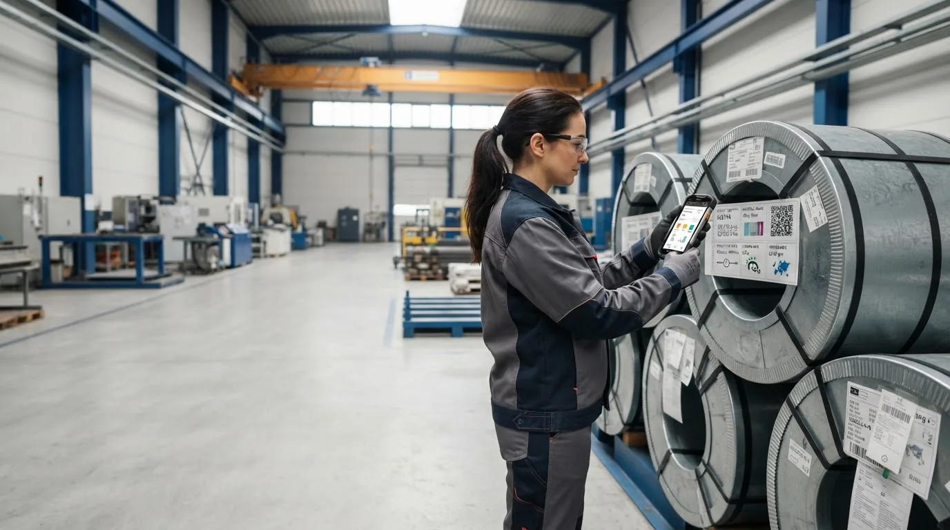 A woman in workwear scanning a label on stacked steel coils with a phone showing data.