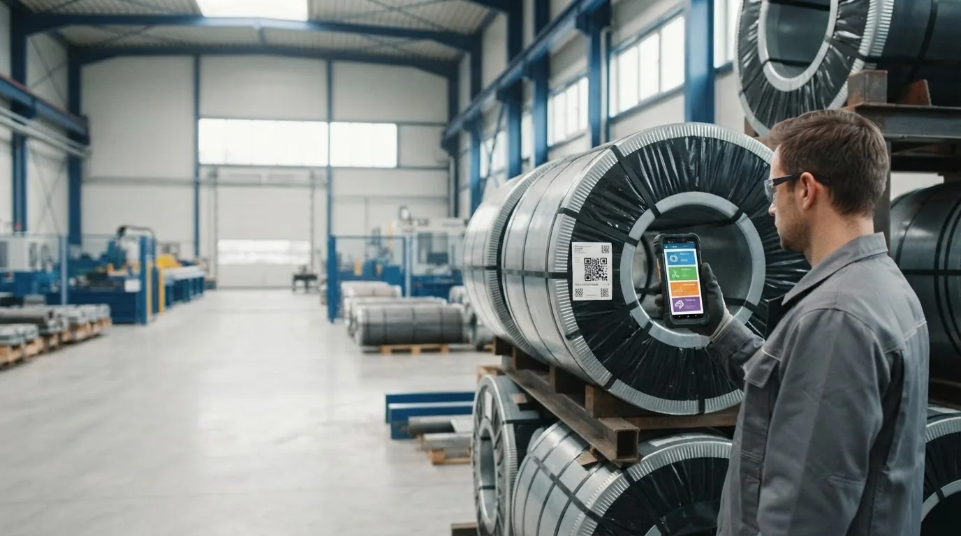 A man beside stacked steel coils with a floating panel showing a QR and colour chips.