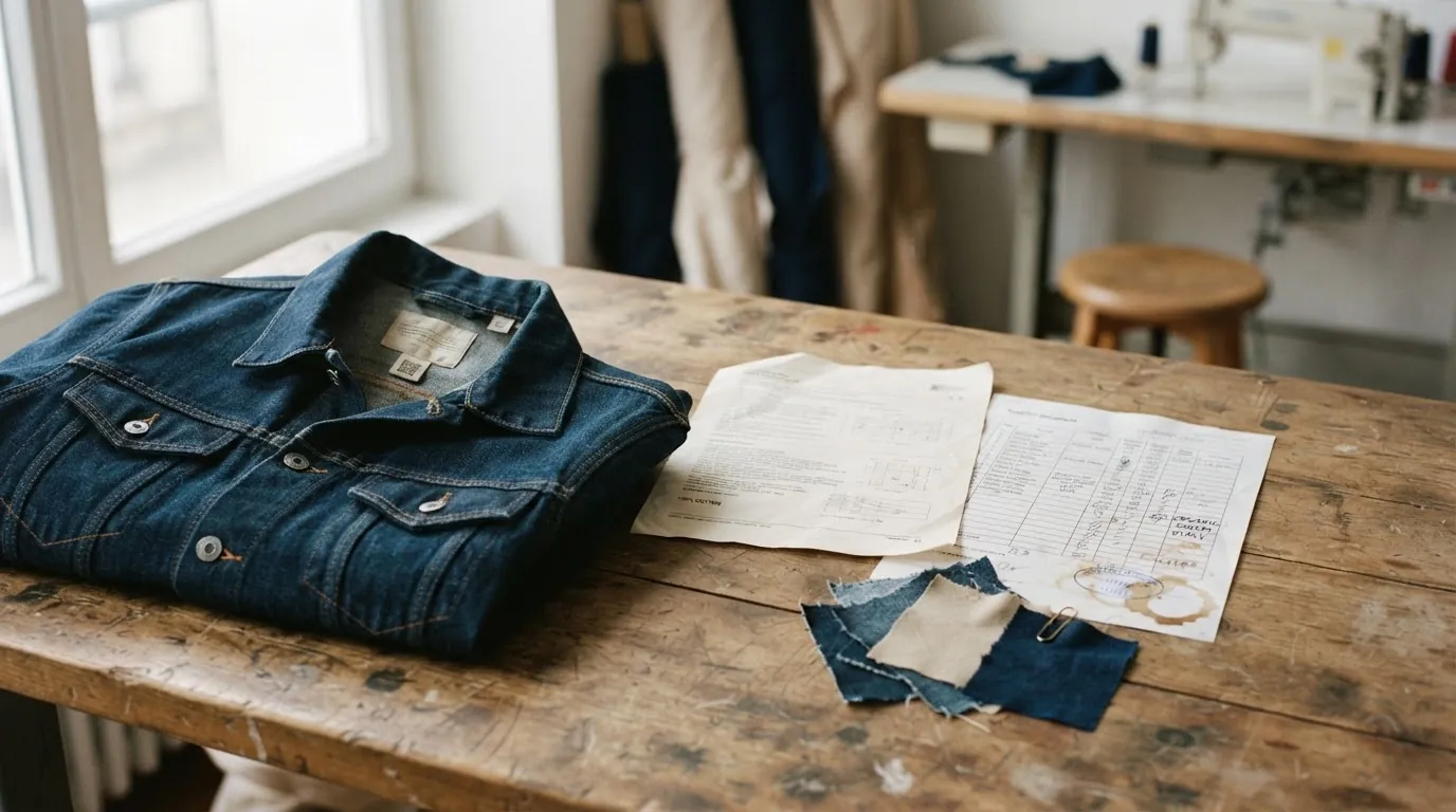 A folded denim jacket on a workshop table beside specification sheets and fabric swatches.