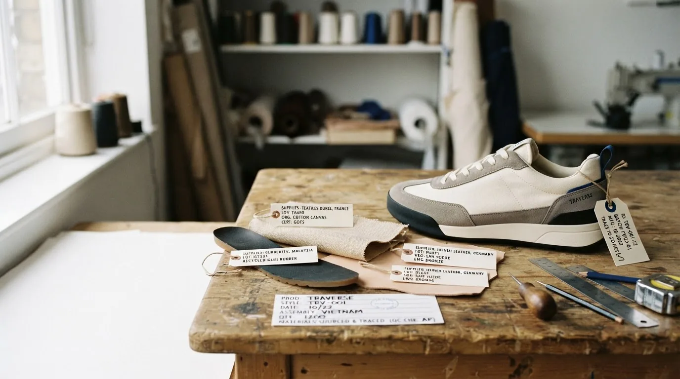 A trainer on a workbench beside labelled material swatch tags for upper, lining and outsole with hand tools and window light.