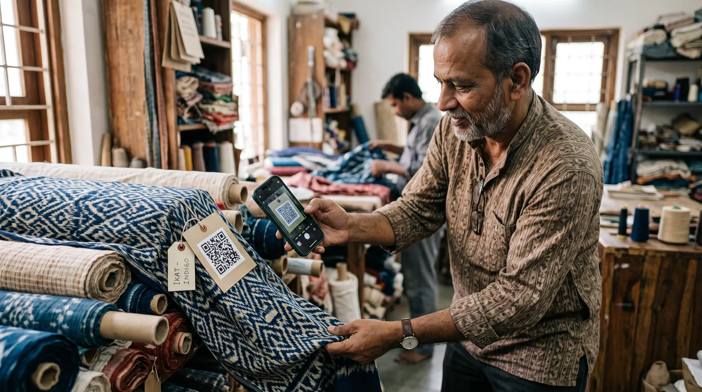 A man scans the QR code on a paper tag tied to a roll of indigo patterned fabric in a textile workshop.