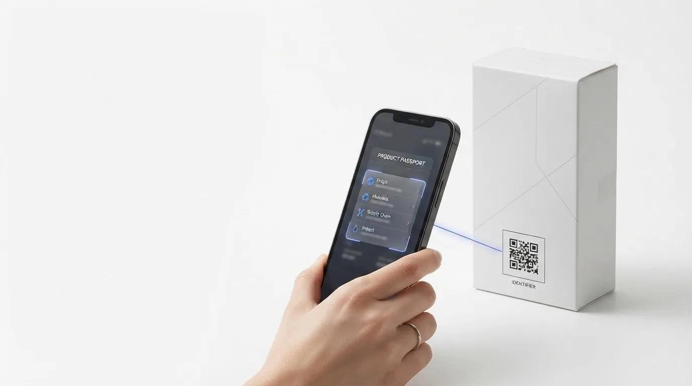 A plain white box carrying a QR on a white background with a hand holding a phone showing a product record.