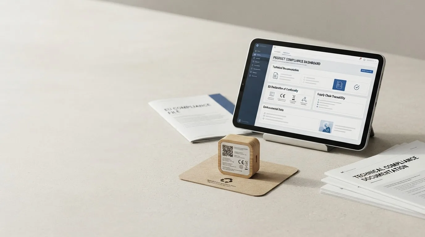 A packaging carton beside a laptop showing a compliance dashboard with product rows and status marks.