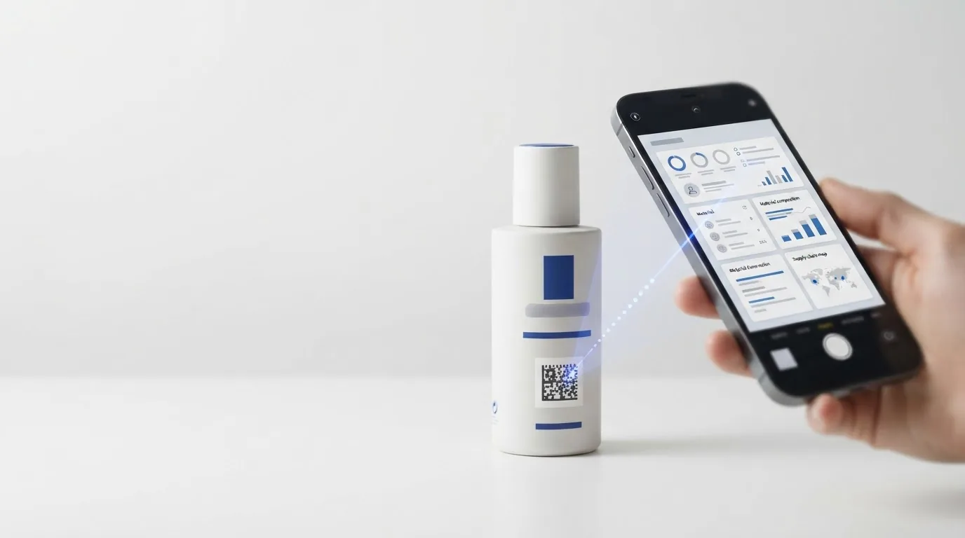 A white bottle with a QR label beside a hand holding a phone showing charts.