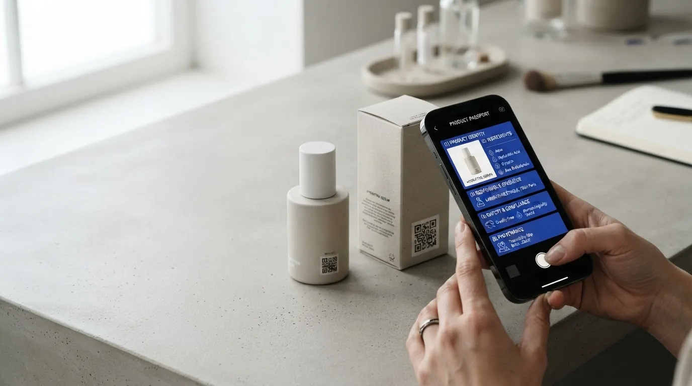 A pump bottle and its carton on a bathroom counter with a hand holding a phone showing product data.