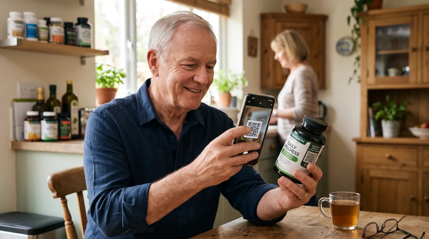 An older man at a kitchen table scans the QR code on a jar of daily supplements.