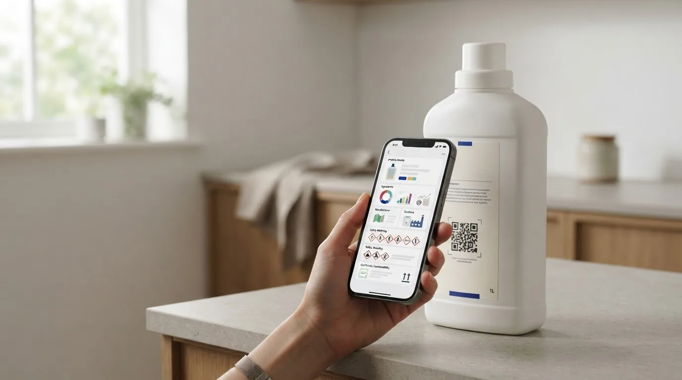 A white detergent bottle on a kitchen counter with a hand holding a phone showing icon rows and a QR.