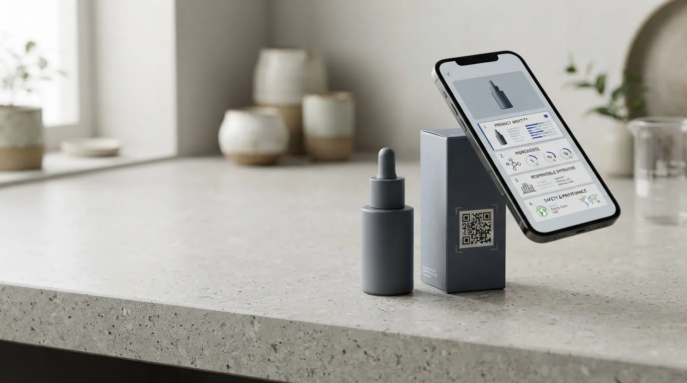 A dropper bottle and a grey carton carrying a QR on a kitchen counter with a propped phone showing a product record.